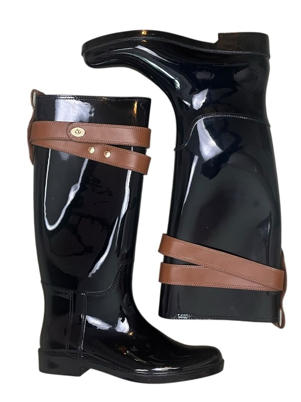Coach Talia Knee High Rain Boots Size 10 Glossy Black Tall Town Country Preppy